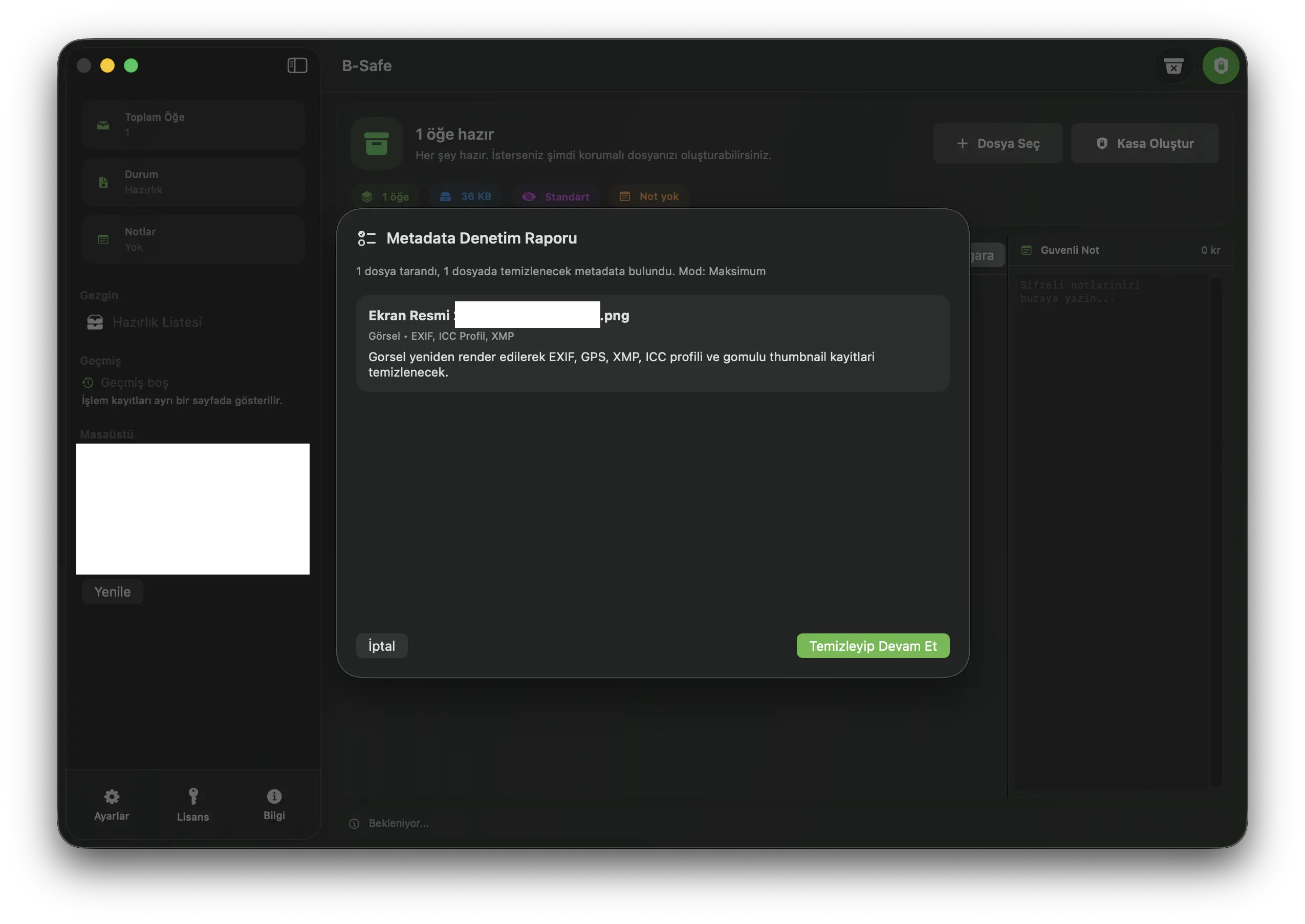 B Safe metadata denetim raporu ekranı