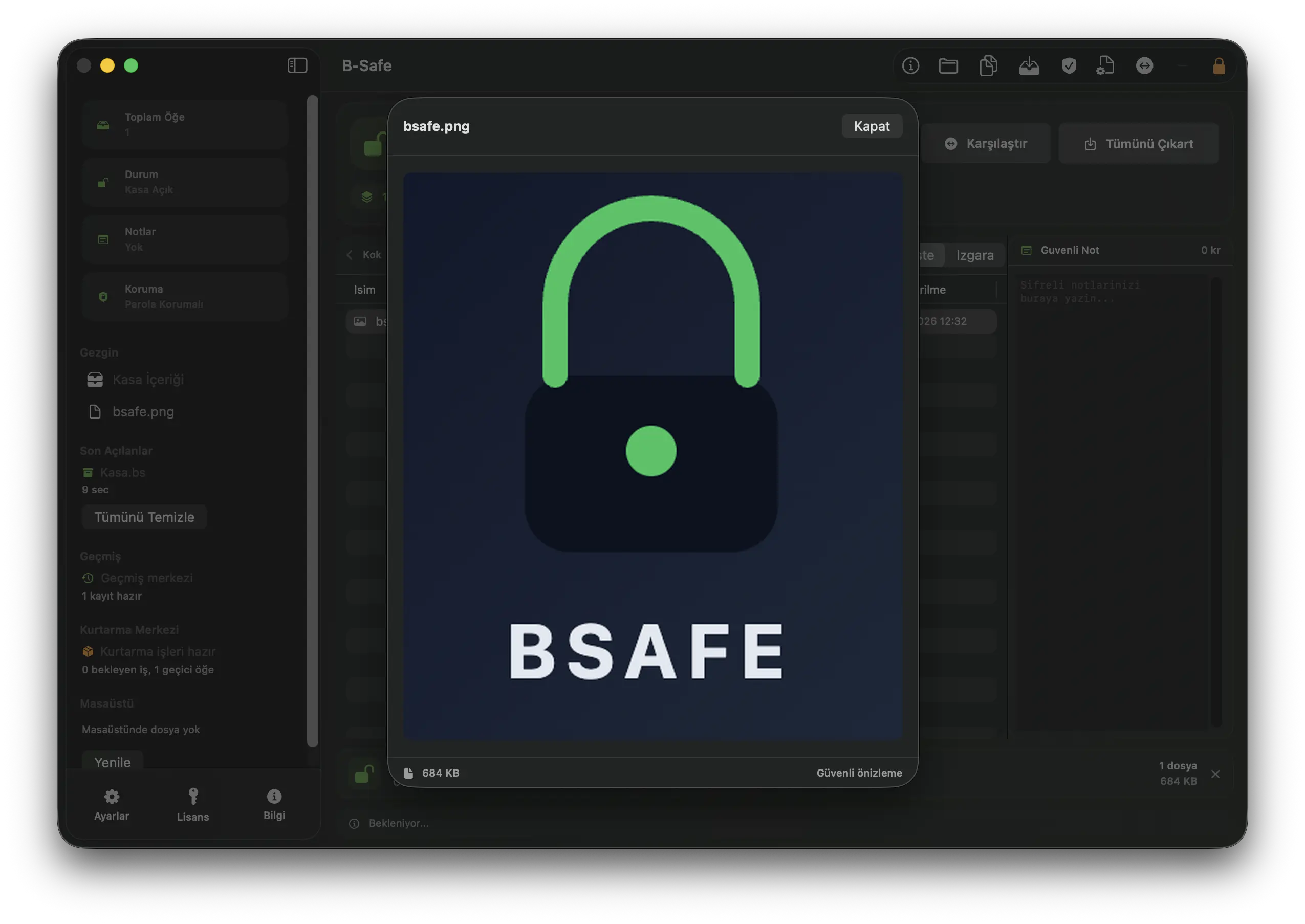 B Safe güvenli önizleme ekranı